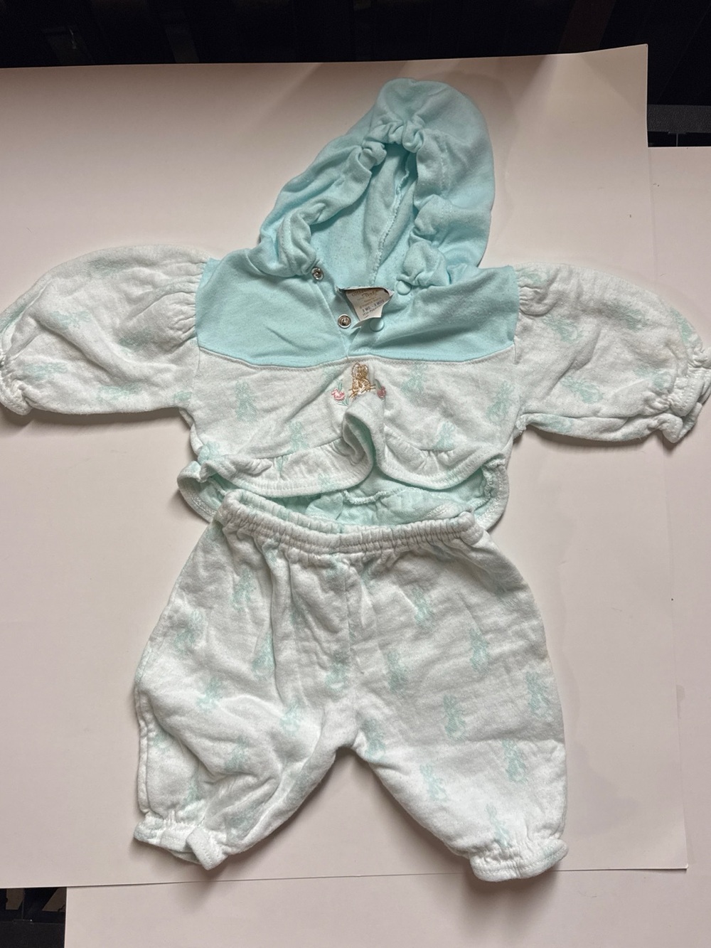 Vintage Beatrix Potter Peter Rabbit 2 PC Tracksuit Set Hooded Aqua White 3M
